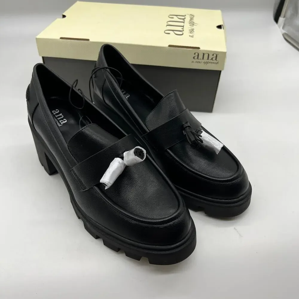 a.n.a Penny Loafers Black Chunky Block Heel A New Approach Women Size 10 NEW